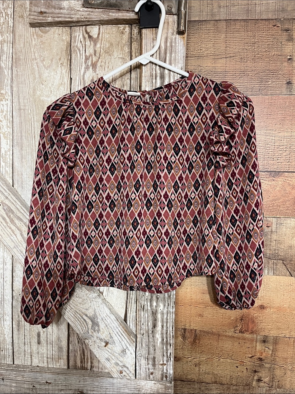 Girls' Burgundy Patterned Long-Sleeve Ruffle Blouse